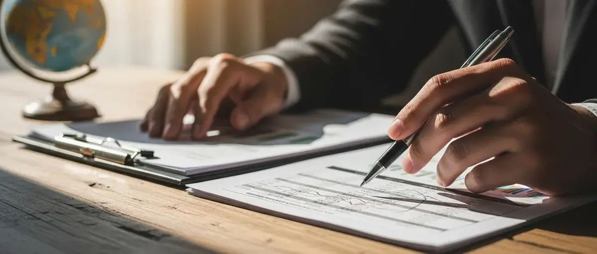 Person reviewing international tax documents and a world map, symbolizing complex financial planning for digital nomads.