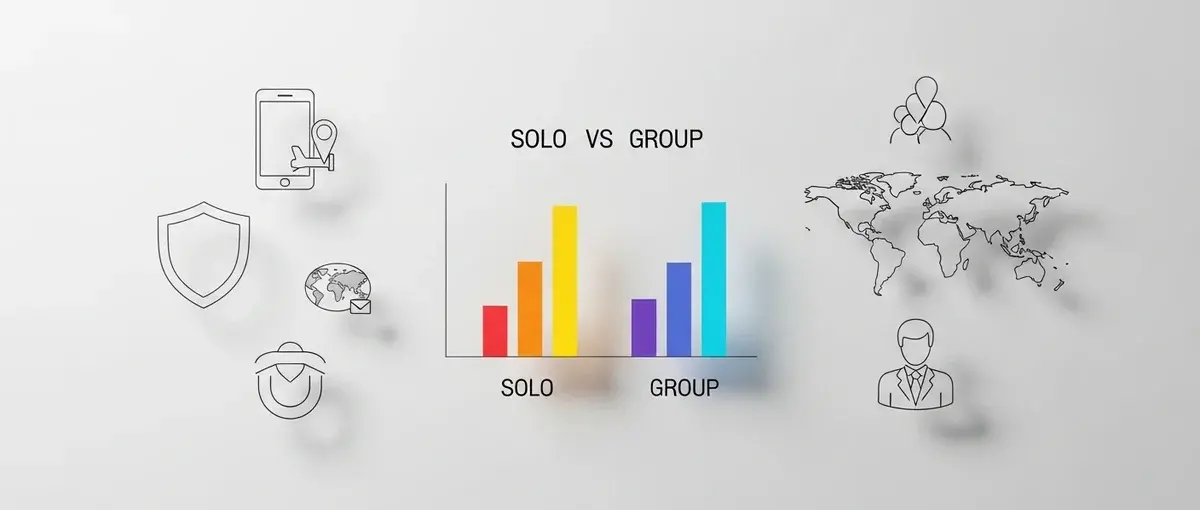 Infographic showing solo travel has lower assault rates (0.8%) than group travel (1.2%), with icons for safety measures.
