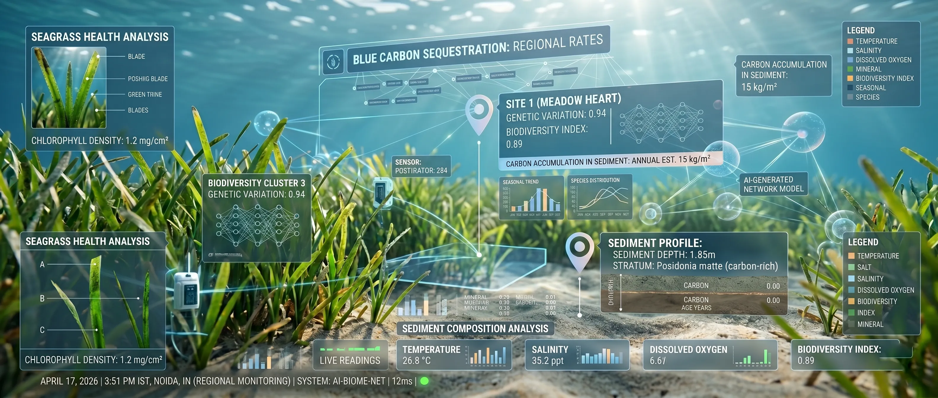 A technical infographic style image of a seagrass meadow with carbon sequestration markers
