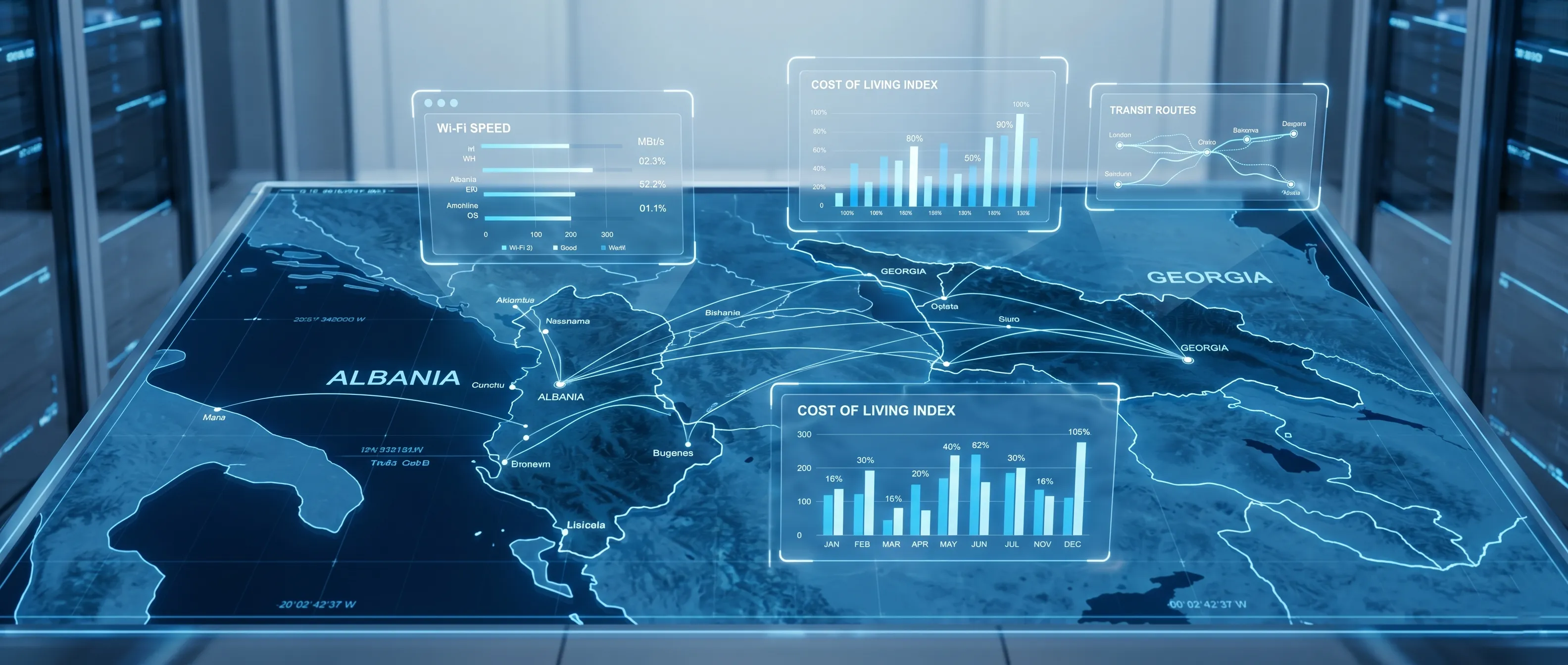 Digital data dashboard showing travel costs and internet speeds for the Balkans.