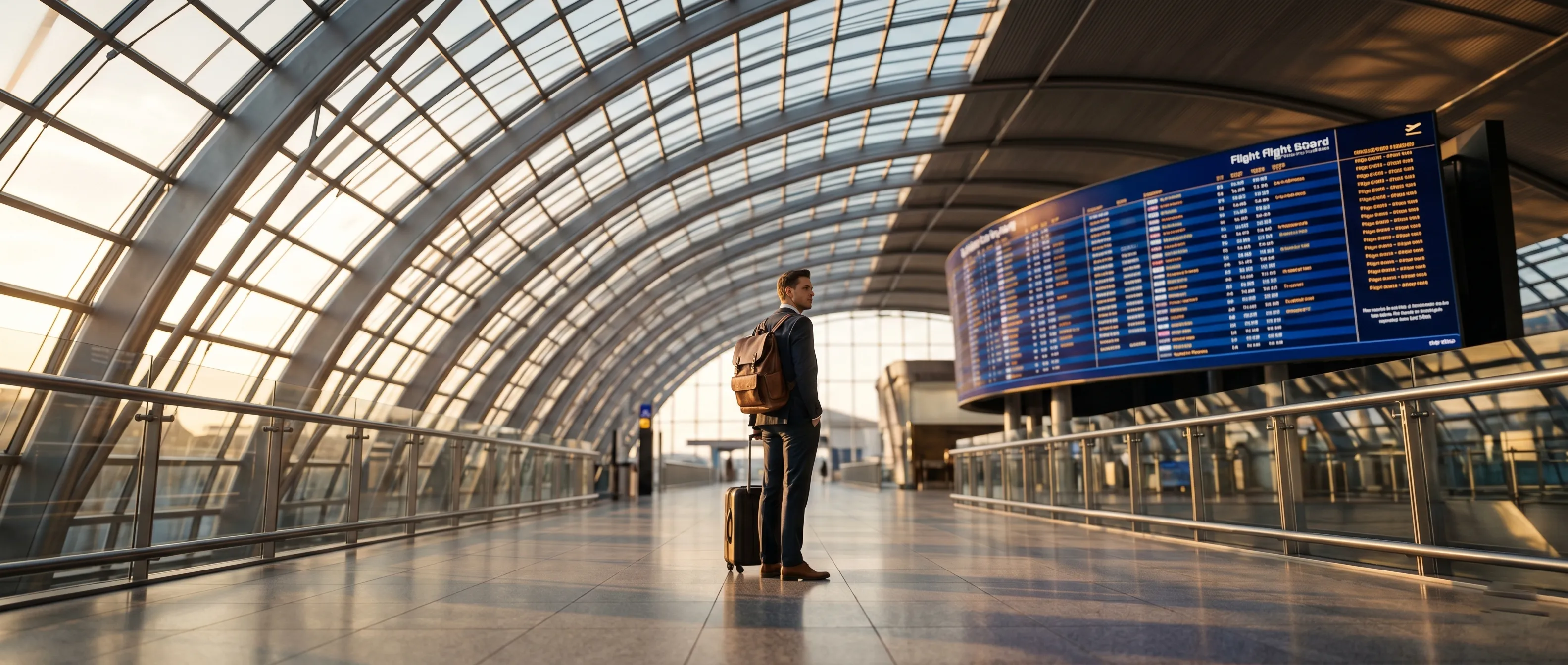 A traveler looking at an international flight board in a modern airport terminal at sunset.