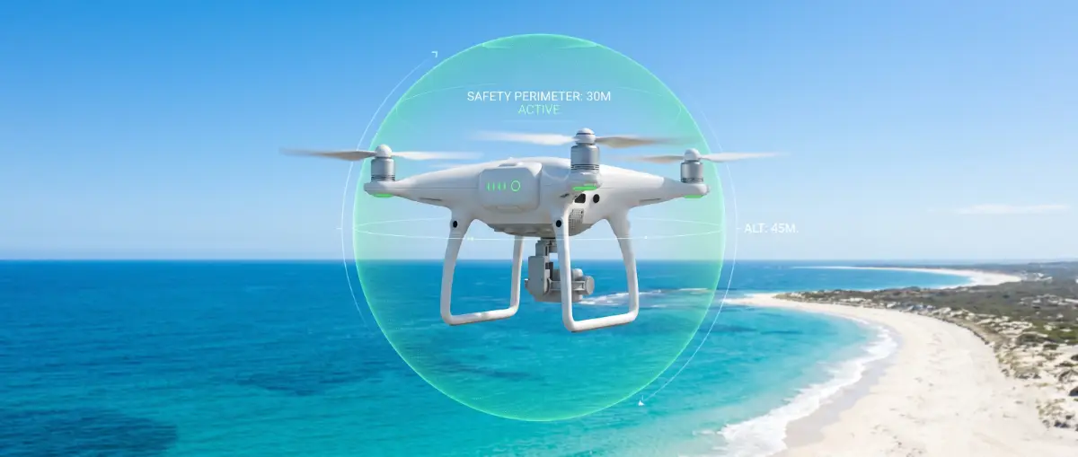 Drone safety and privacy regulations over a pristine beach.