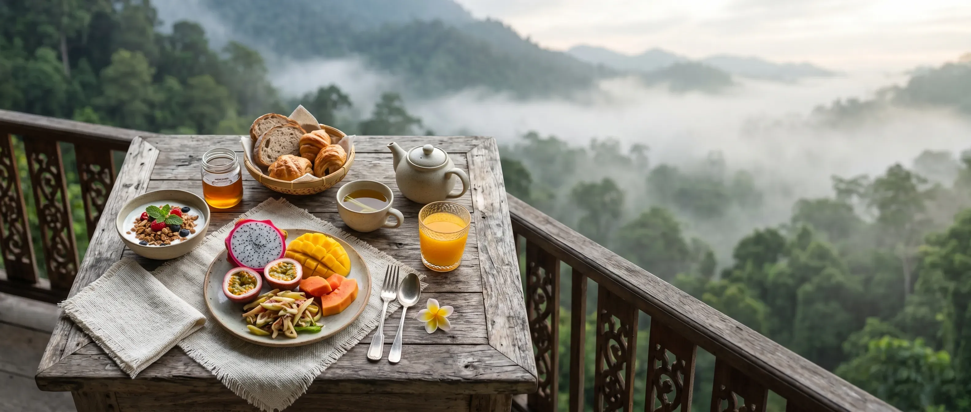 Private balcony breakfast overlooking a misty forest