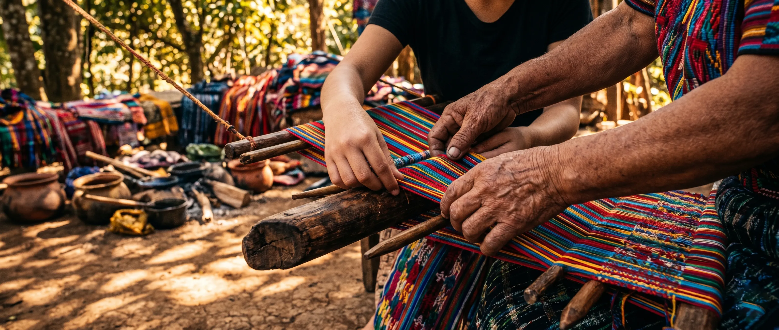 Teenager learning traditional weaving in a local family workshop.