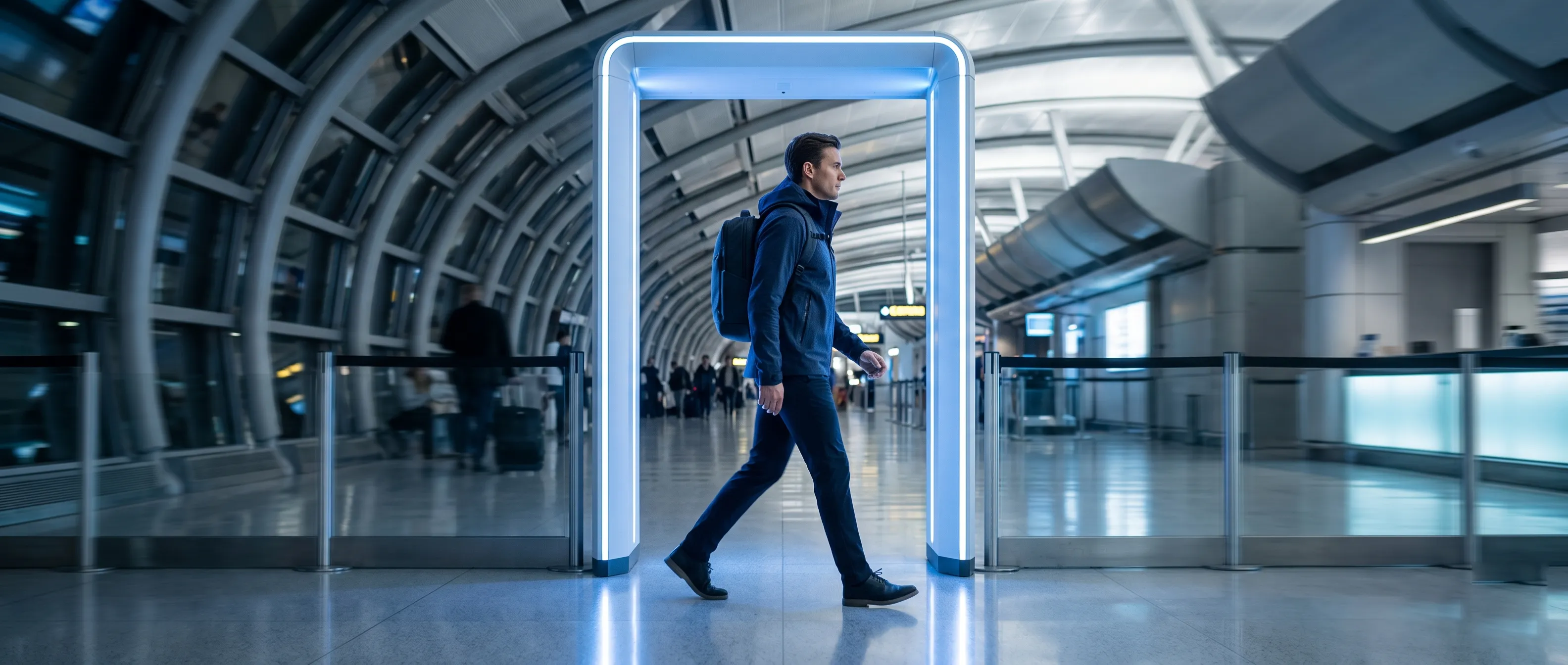 An executive using biometric transit logic to bypass traditional security queues.