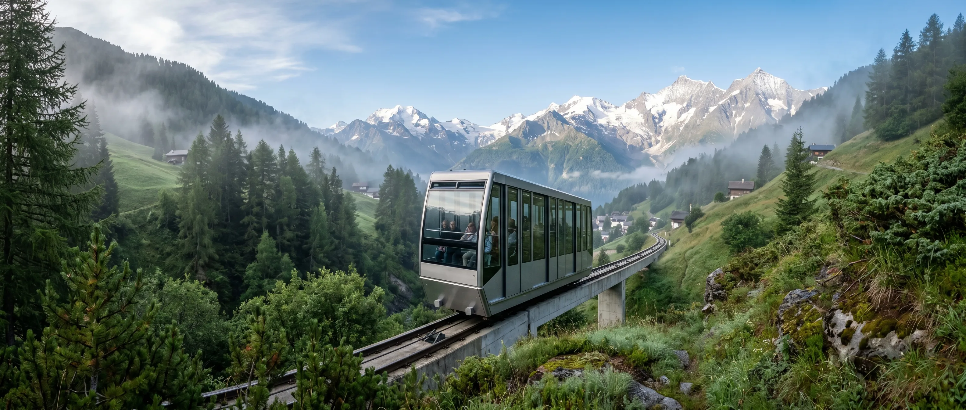 A modern electric funicular ascending a lush green mountain slope under a misty morning sky.