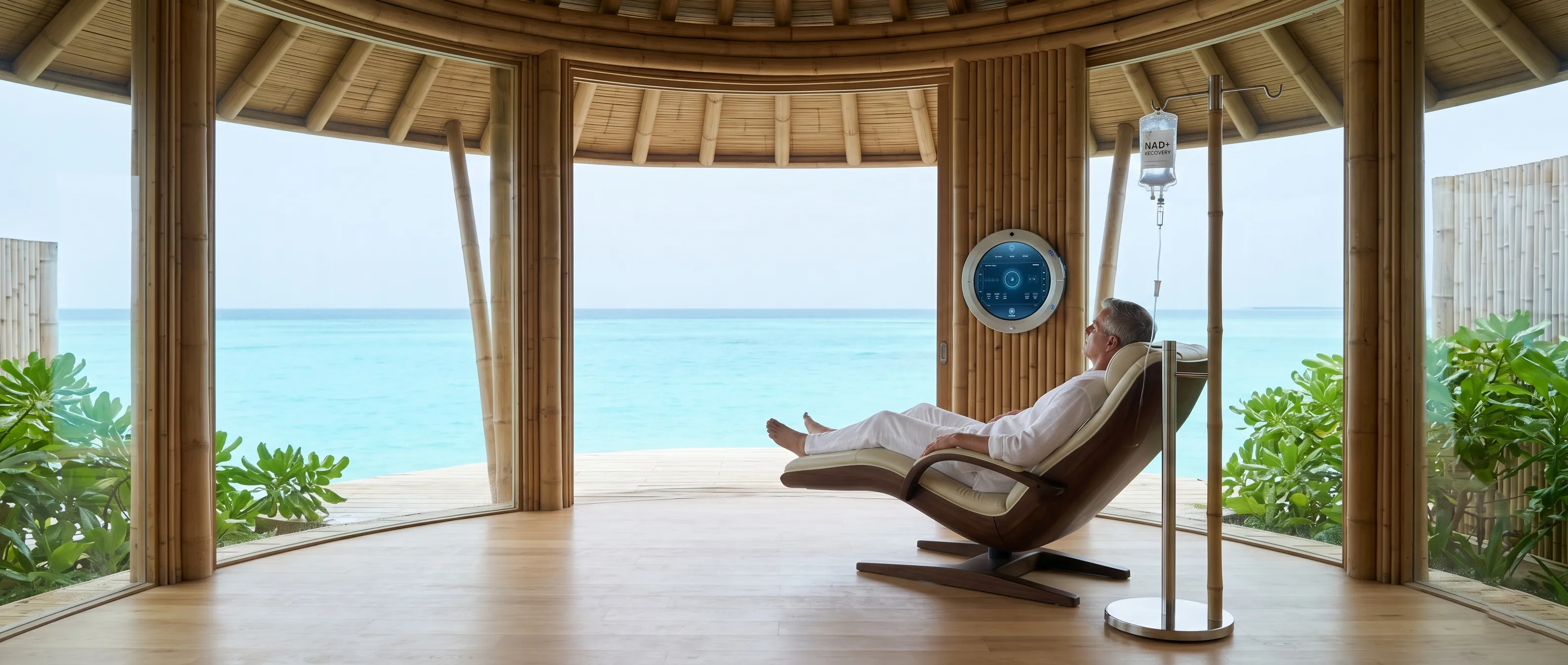 A 2026 high-performance luxury hotel suite featuring holographic biometric data.