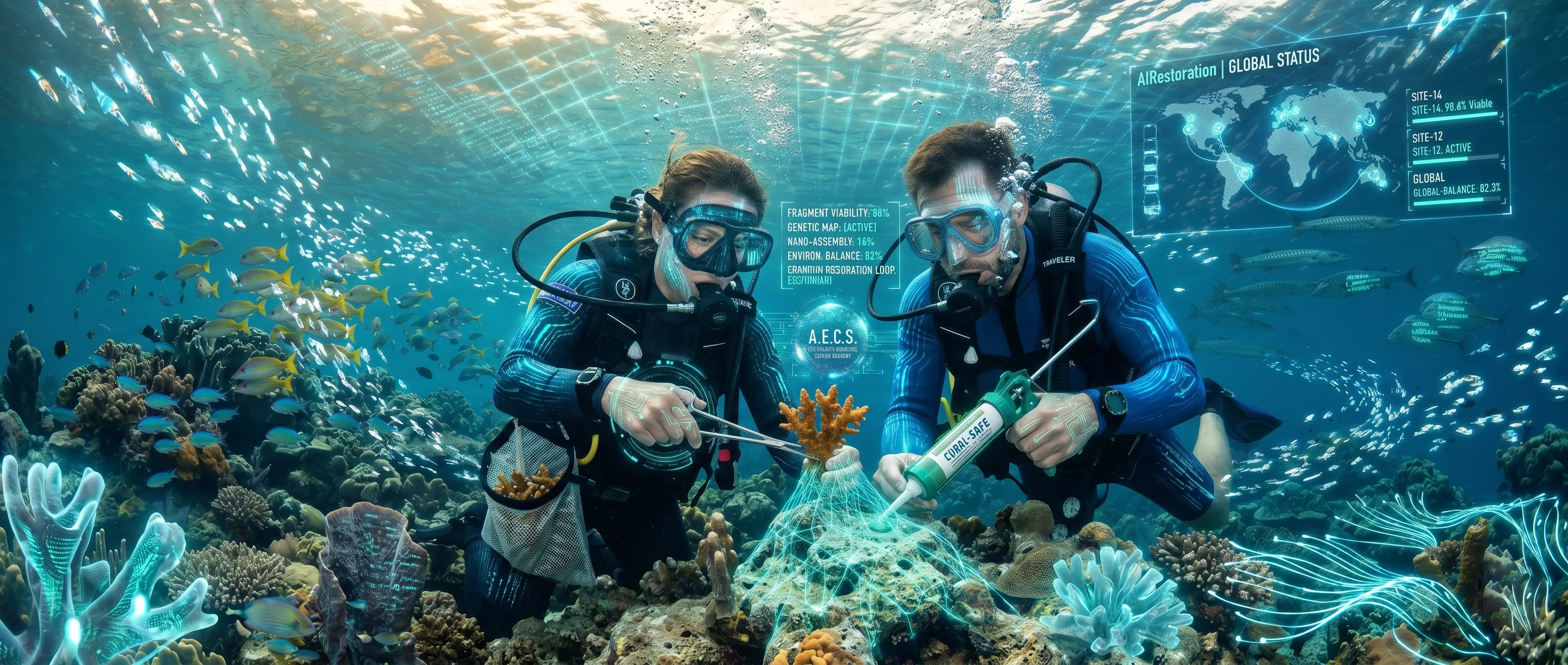 A scientist and a traveler working together at an underwater coral outplanting site