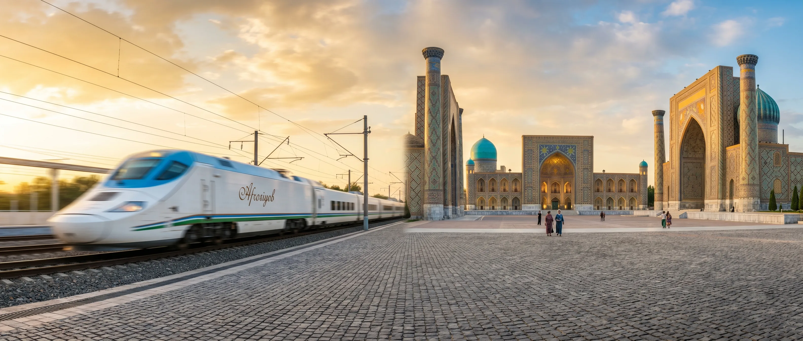 High-speed train in front of Samarkand domes representing offbeat destinations in 2026.