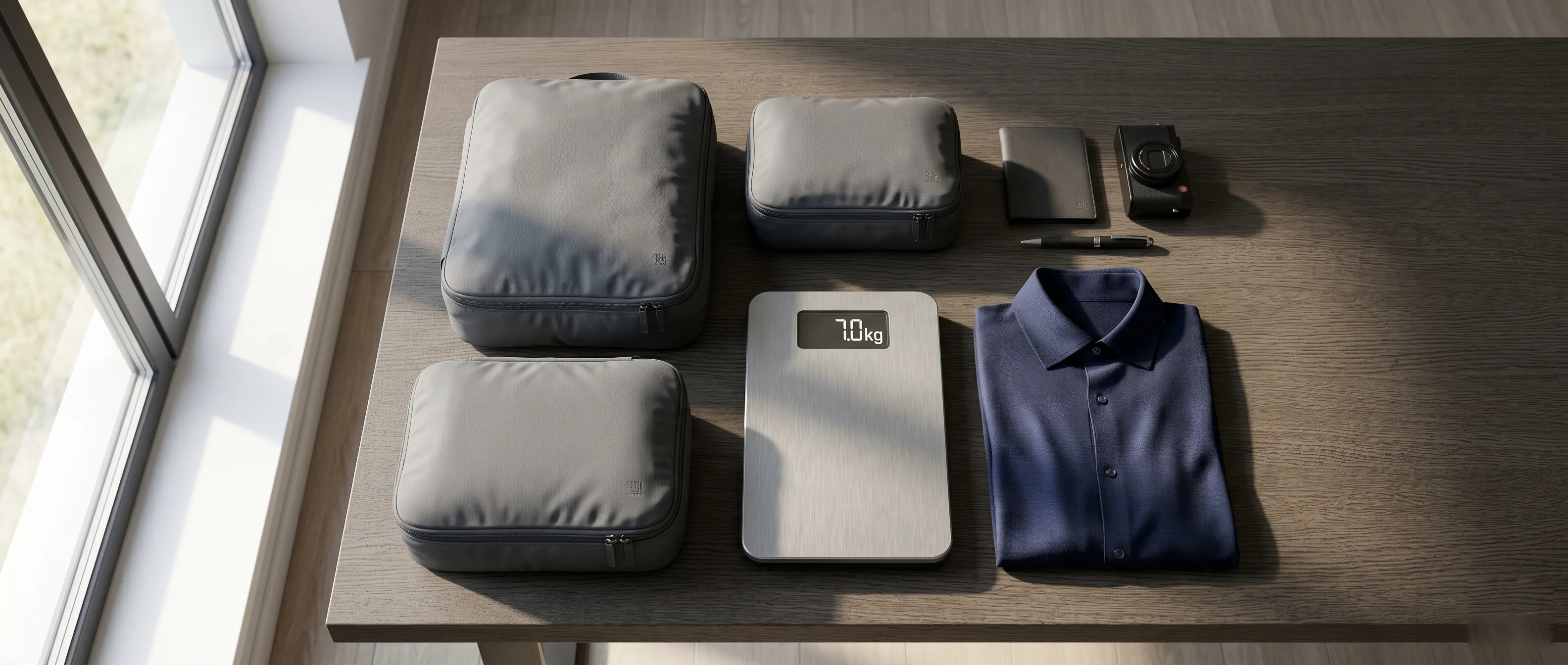 Top-down view of a perfectly organized 7kg carry-on suitcase using compression cubes and the Static Inventory Protocol.