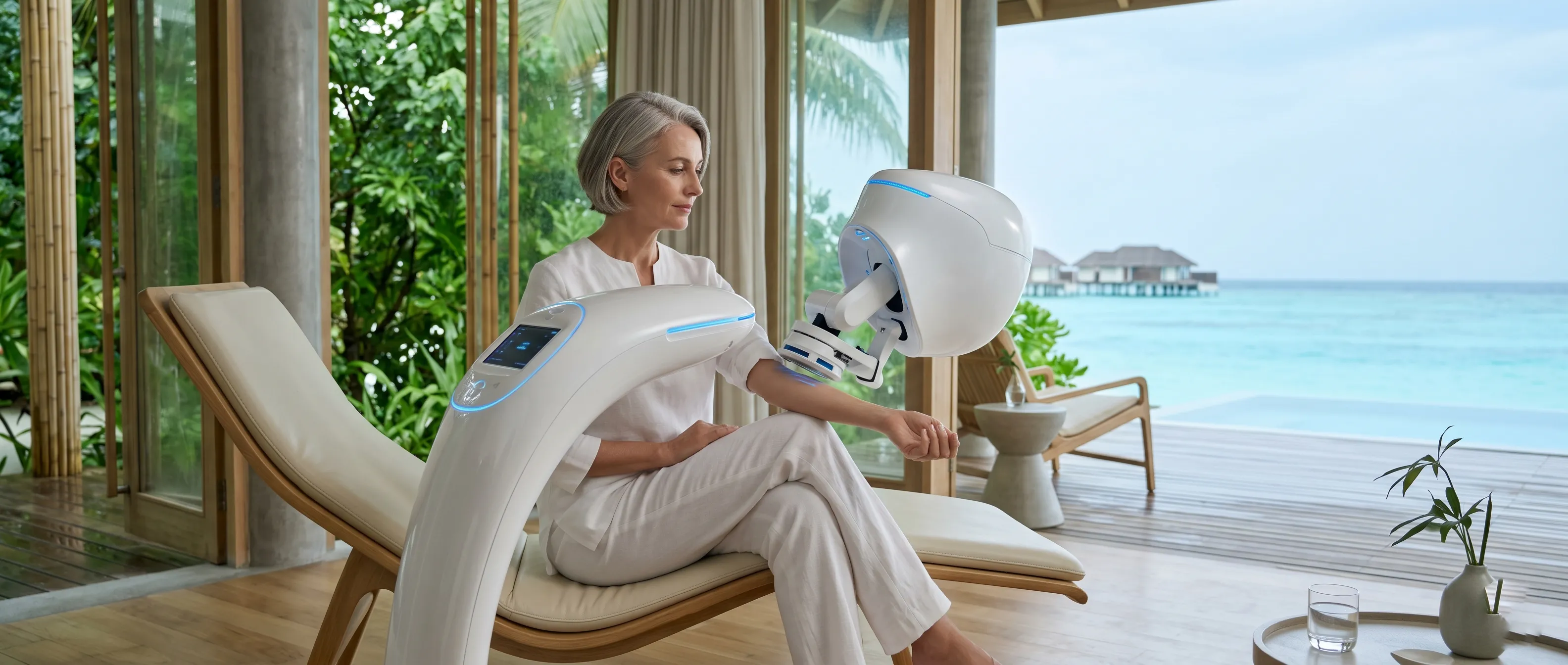 A wellness screening at a luxury resort in the Maldives using advanced 2026 biometrics.
