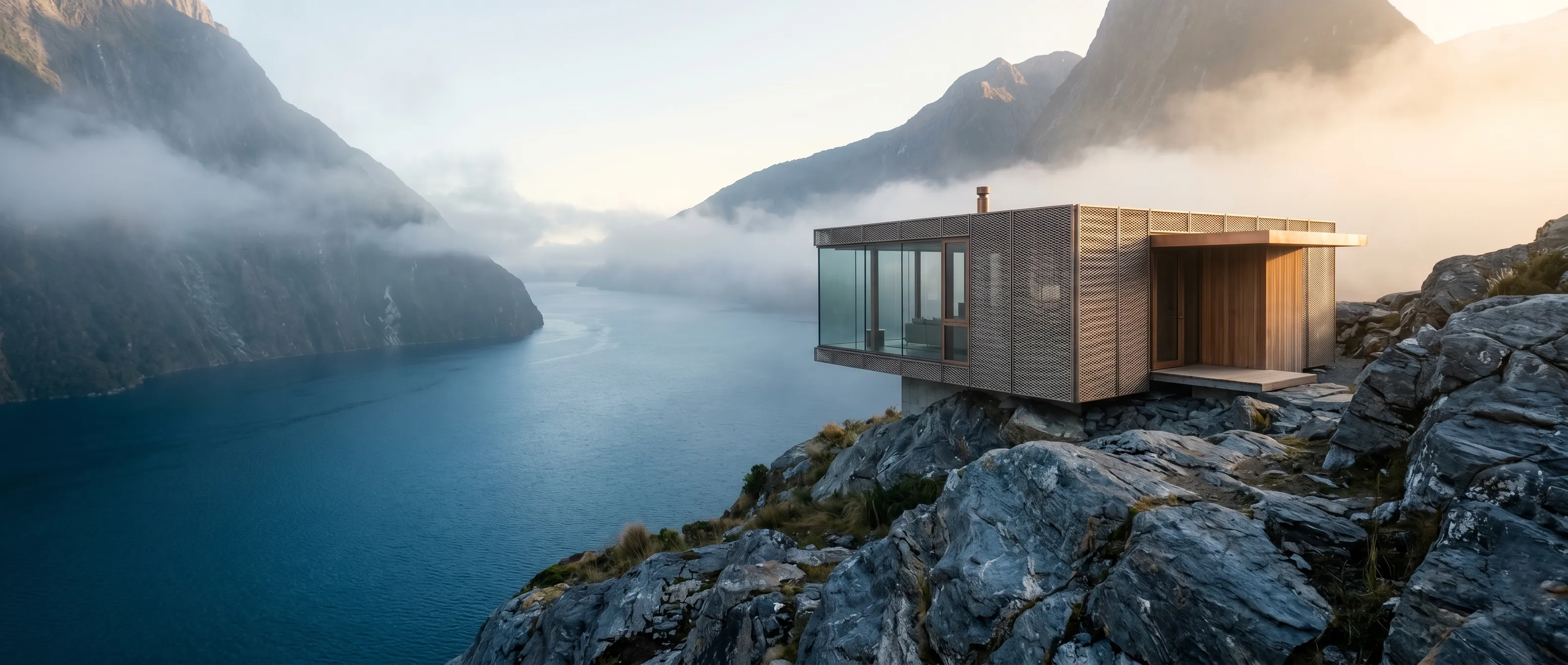 A secluded luxury villa overlooking a misty fjord in New Zealand at sunrise.