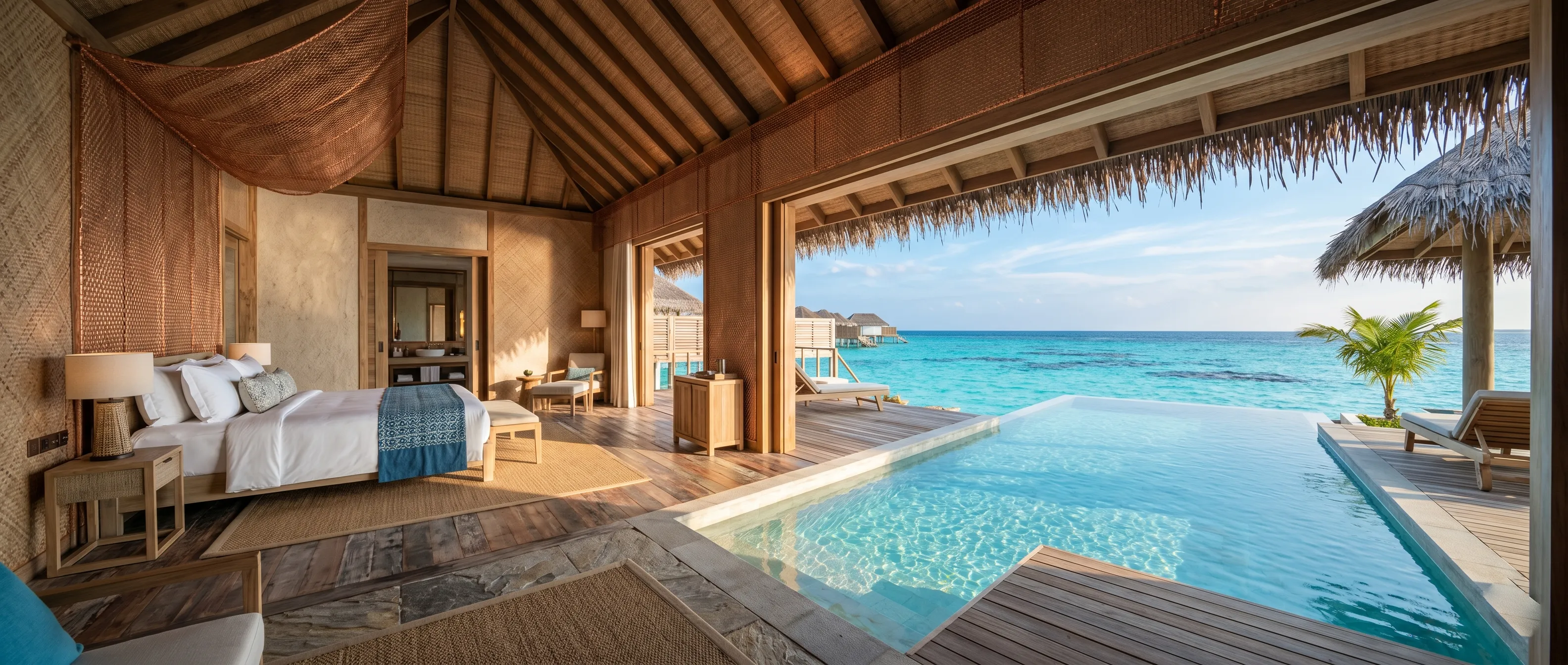 Interior of a luxury Maldives suite with a private infinity pool and signal-shielded walls.