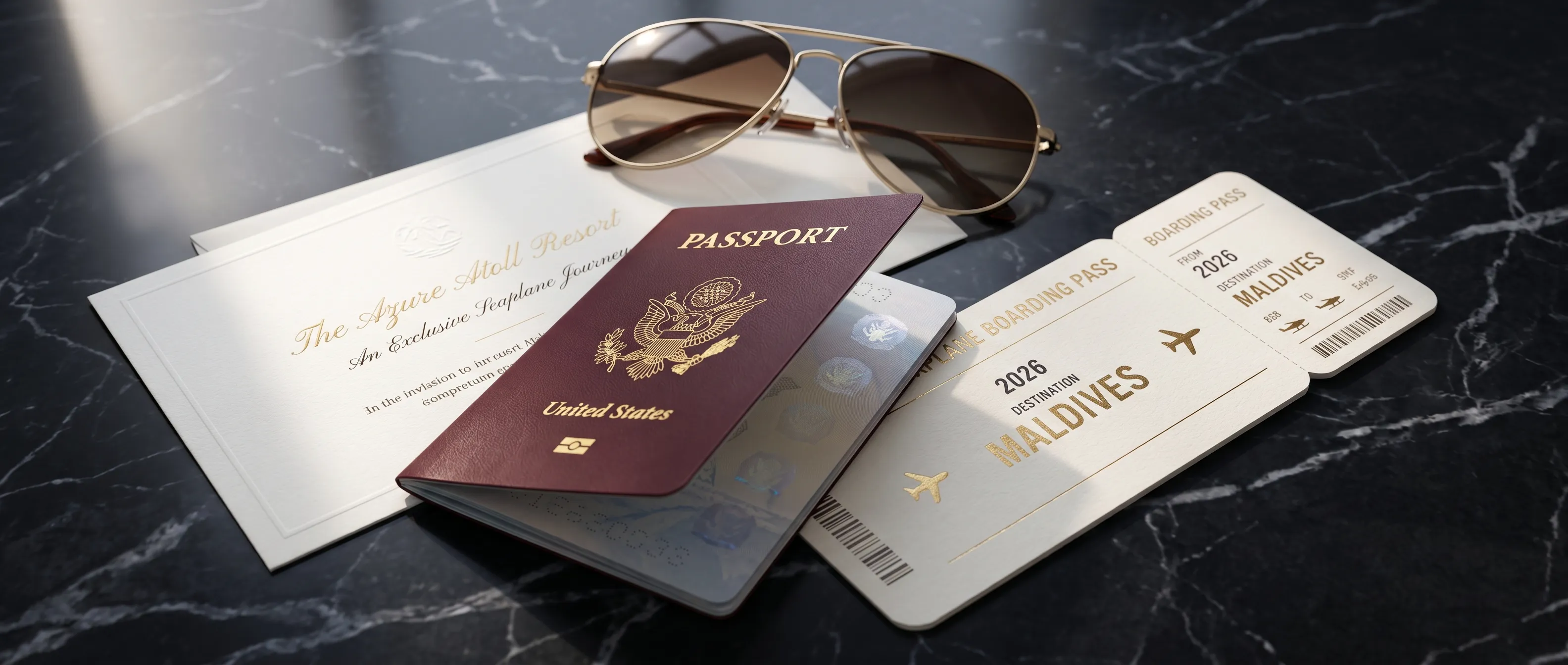 Luxury travel documents including a seaplane ticket and passport on a marble surface.