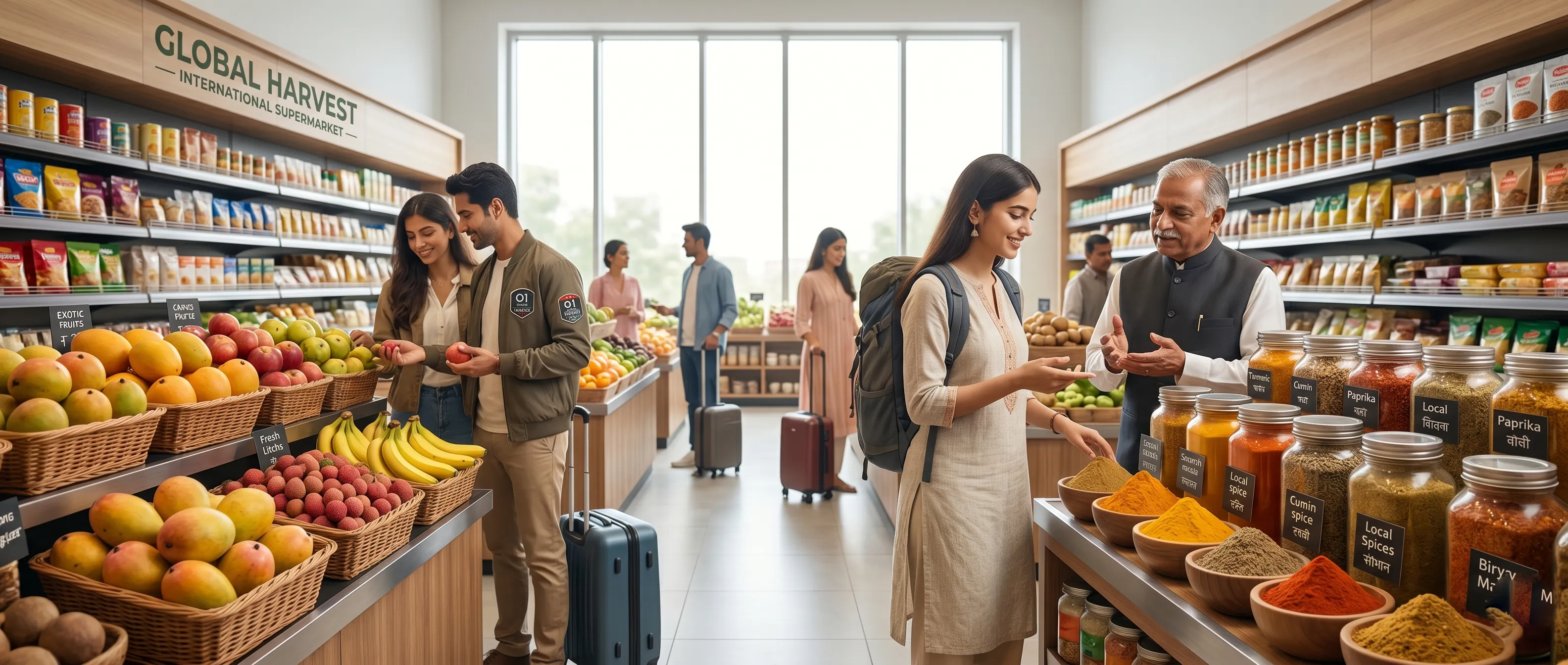 Travelers and locals interacting in a local supermarket as a social entry point.