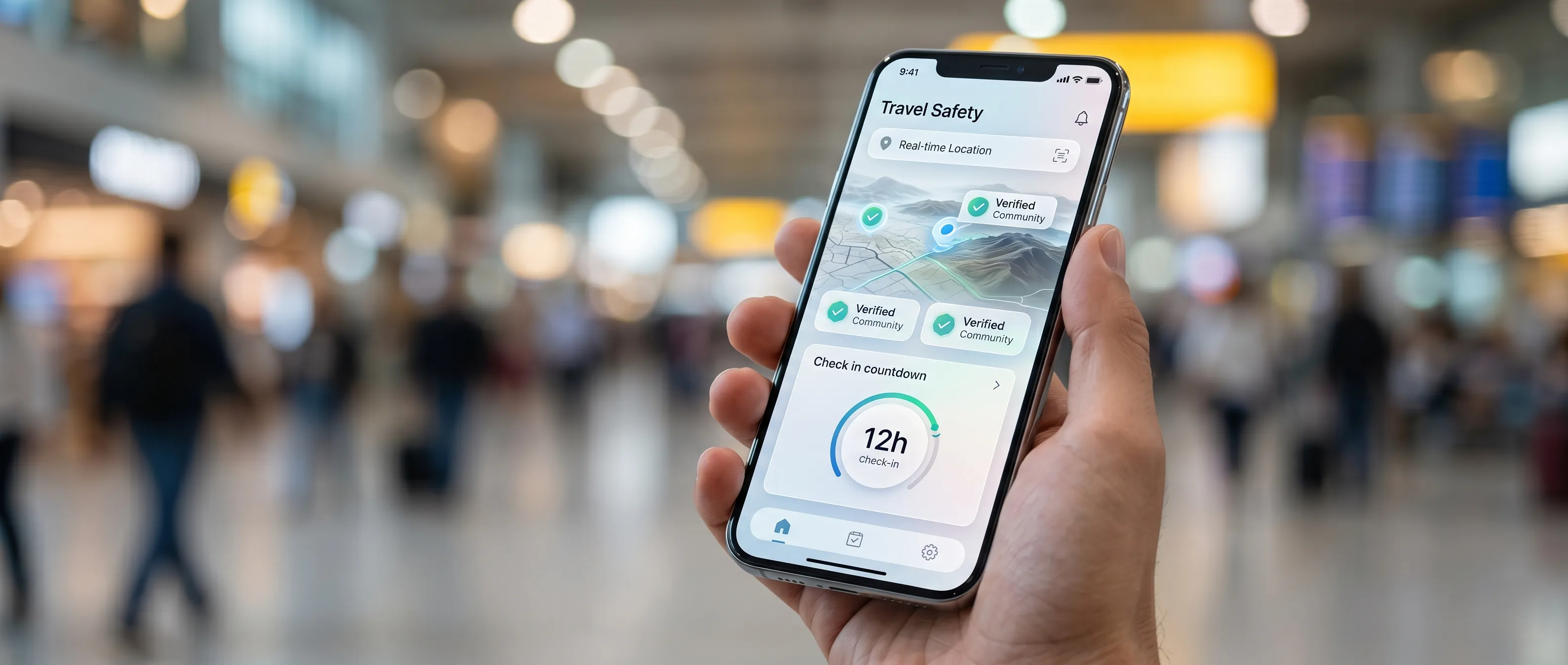 Modern travel safety app interface showing verification and tracking features.