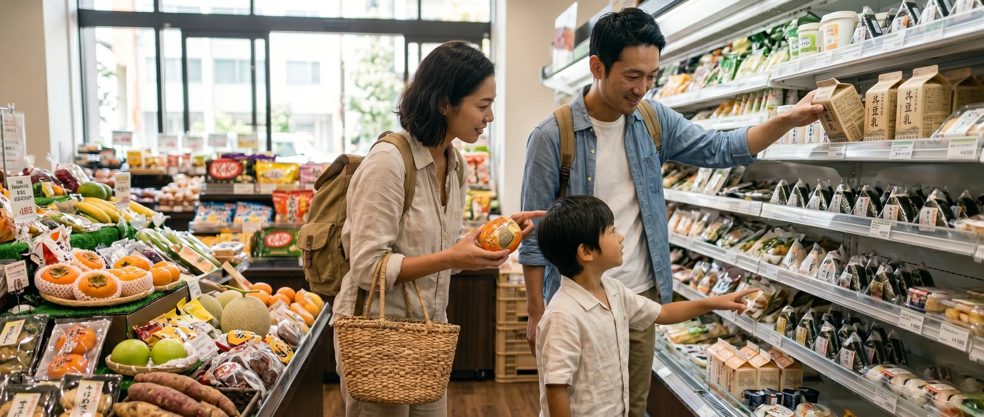 Family enjoying a Supermarket Safari and Shelf Discovery in a Tokyo grocery store.