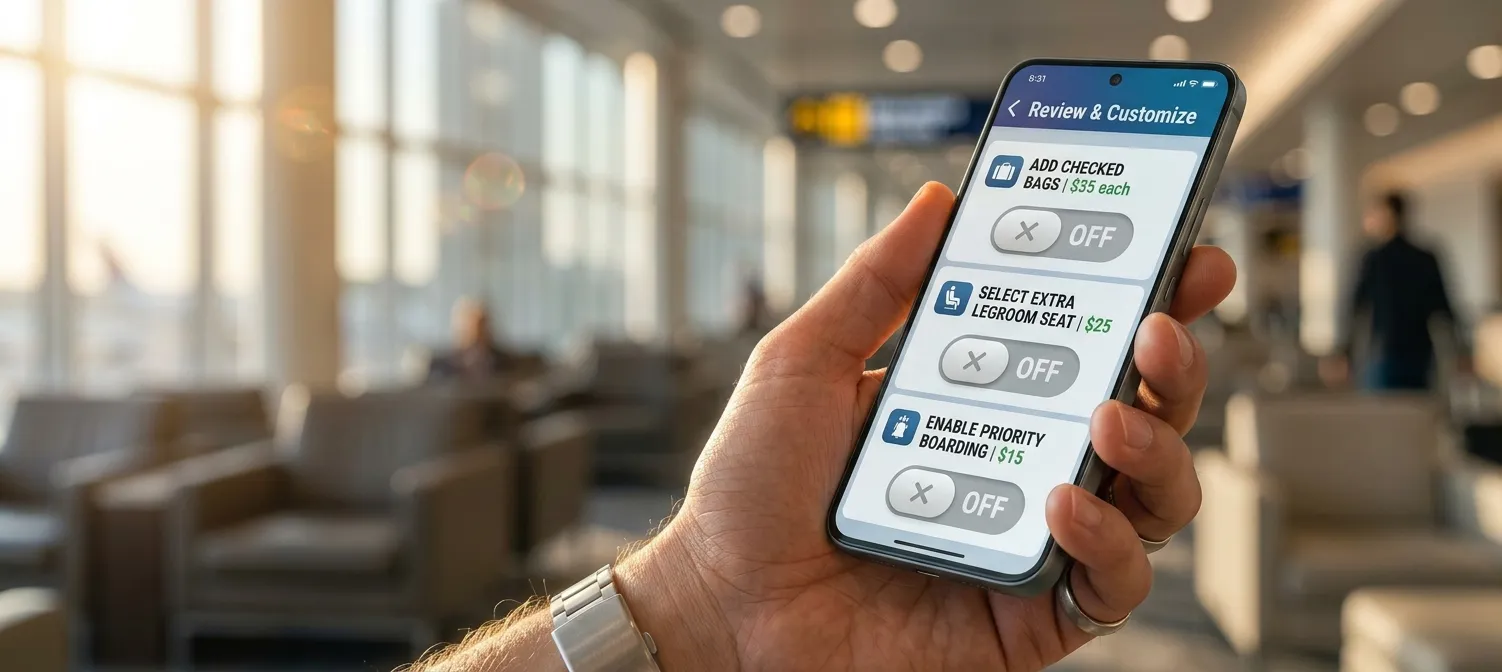 Smartphone screen showing airline ancillary fee options