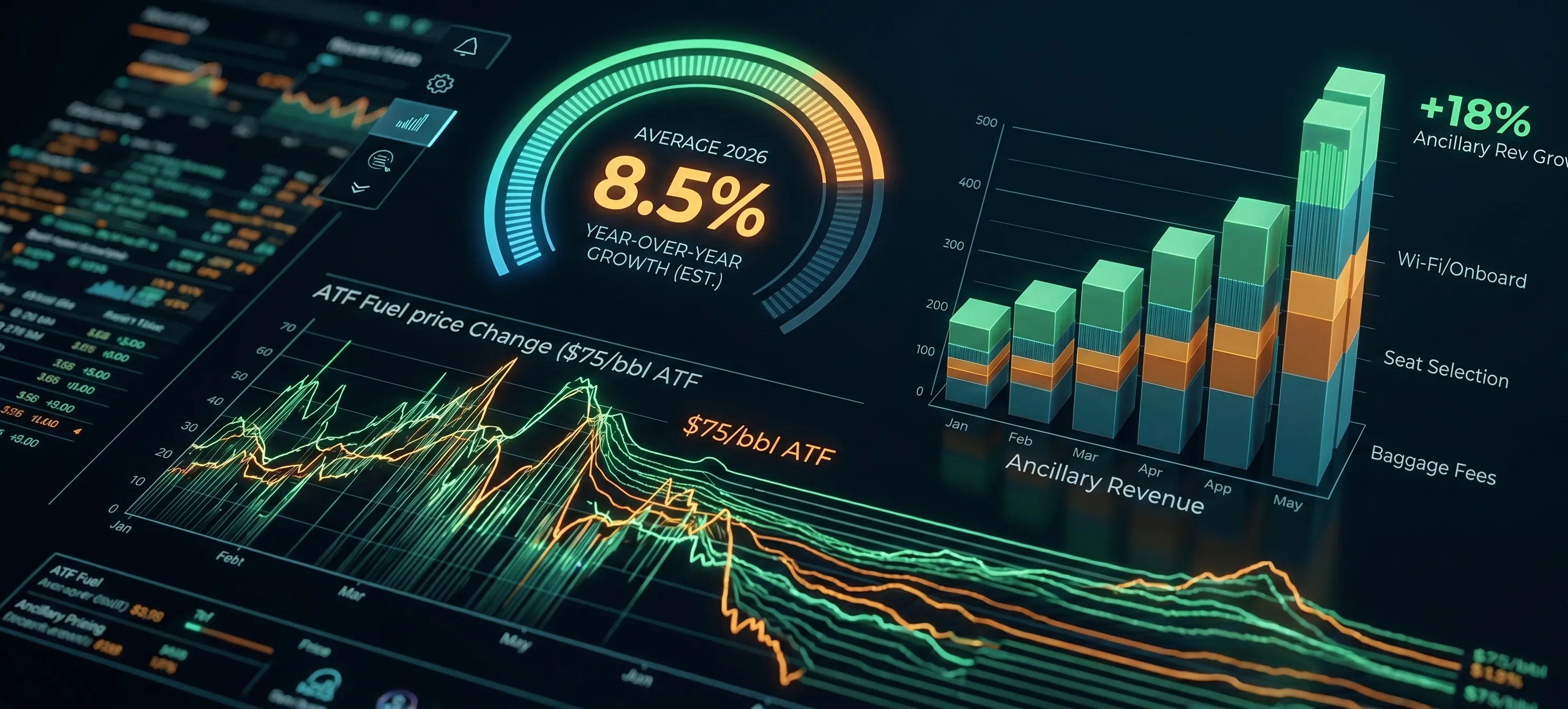 Digital dashboard showing 2026 airline fuel and ancillary revenue data