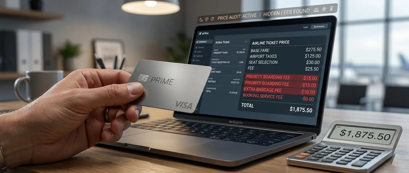 Close-up of a flight booking price breakdown audit on a laptop screen