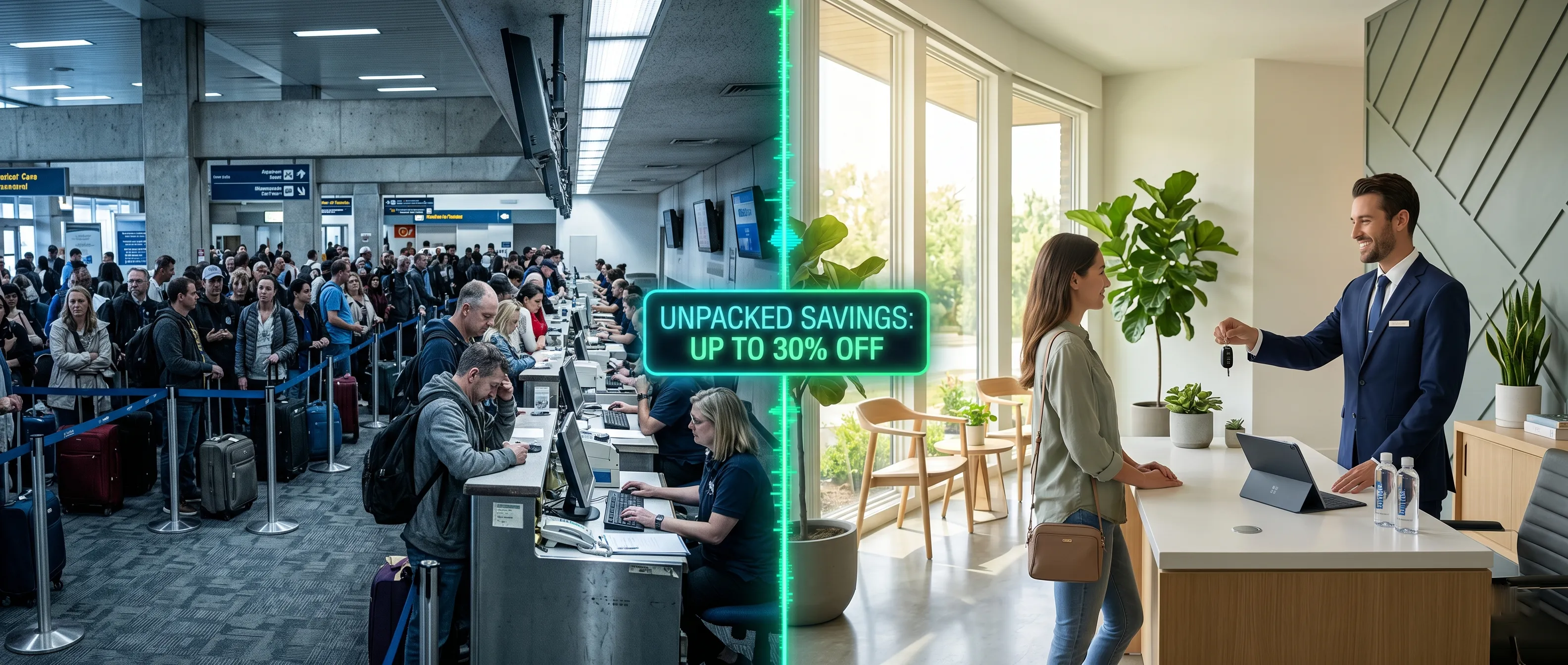 Comparison between expensive airport rental counters and cheaper suburban rental offices.