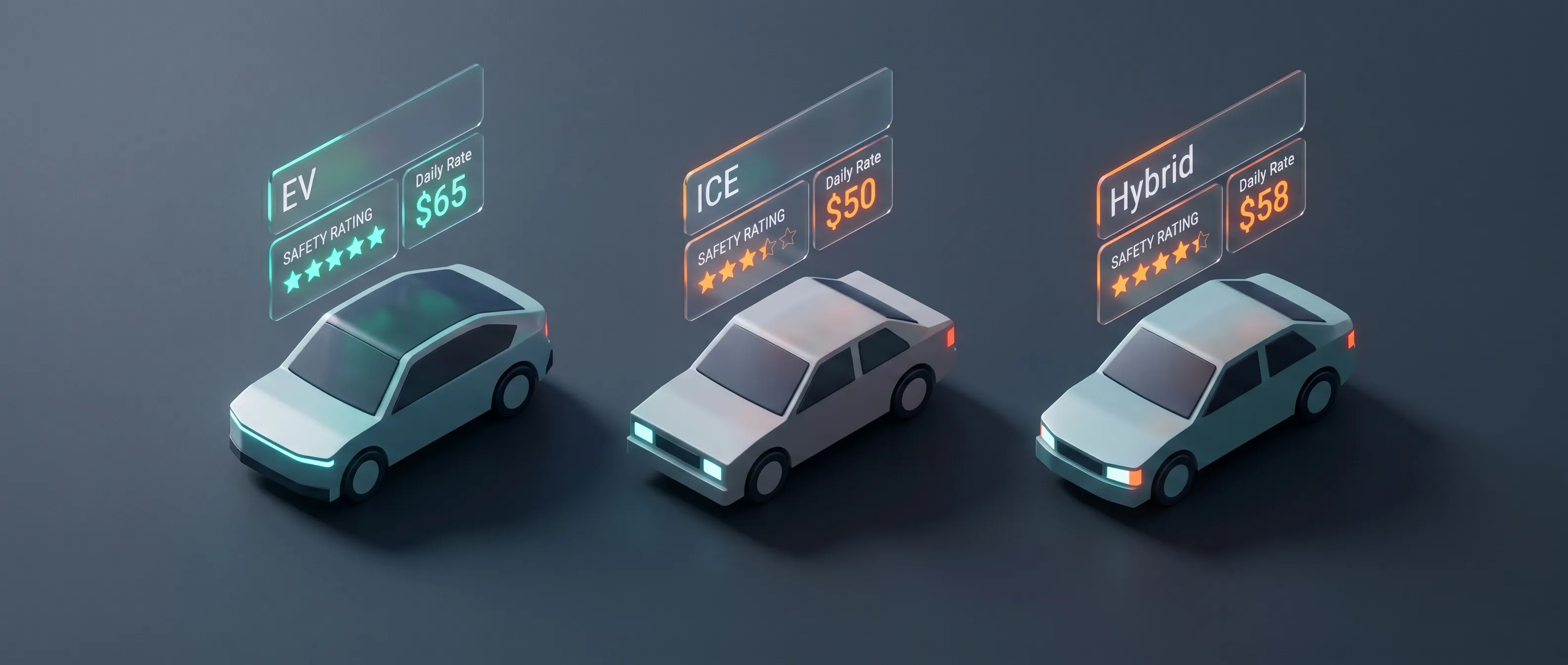 An infographic comparing the daily rates and safety benchmarks for EV, petrol, and hybrid rental cars in 2026.