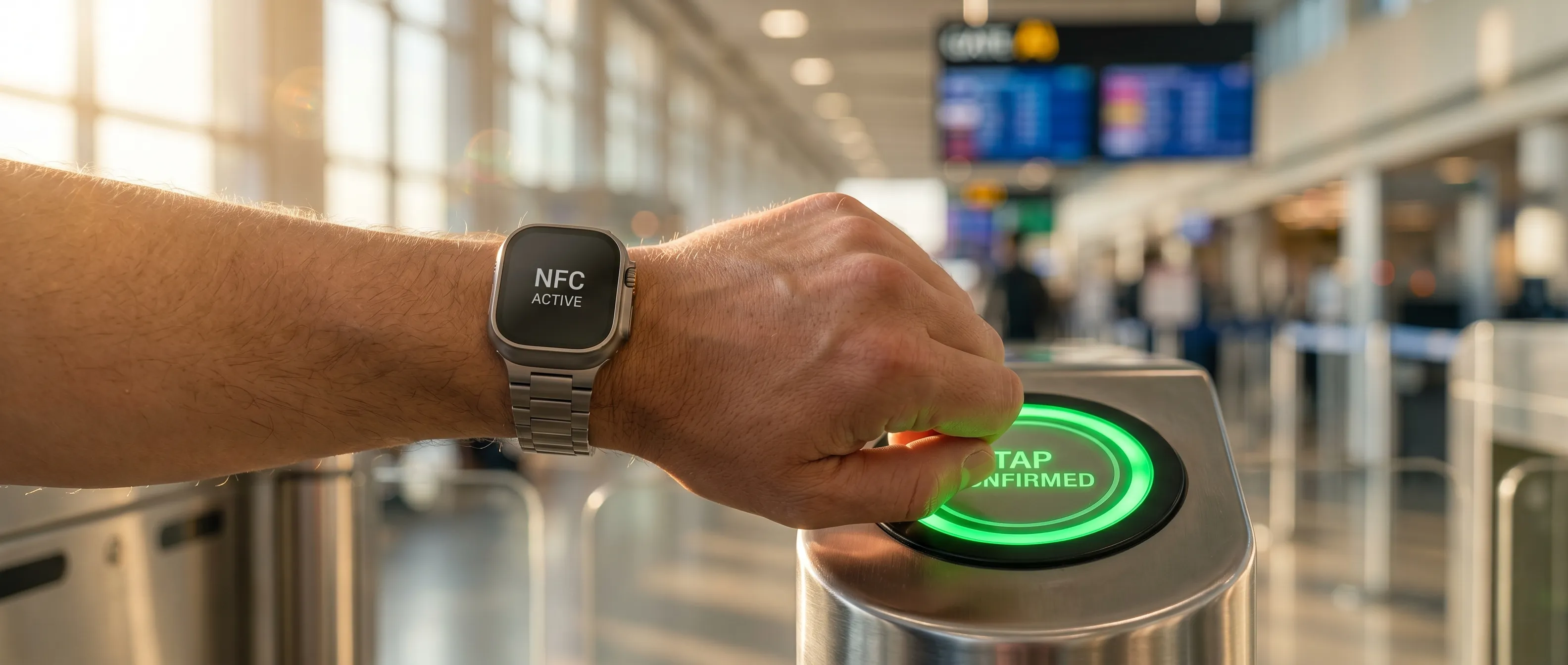 Close-up of a smartwatch tapping a contactless transit gate for entry.