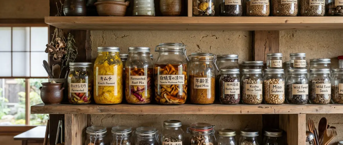 A curated homestay pantry showcasing fermented local ingredients and heritage seeds.
