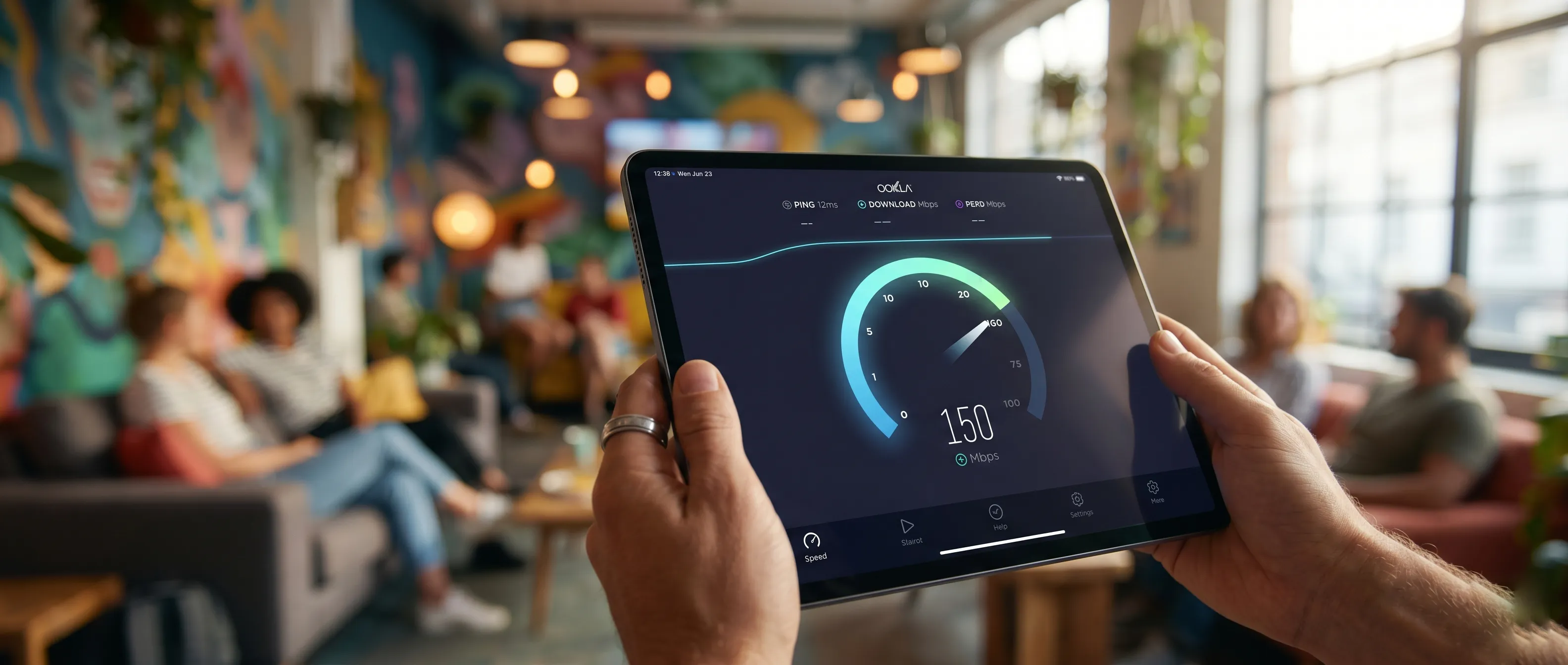 Digital tablet displaying a 150 Mbps Wi-Fi speed test