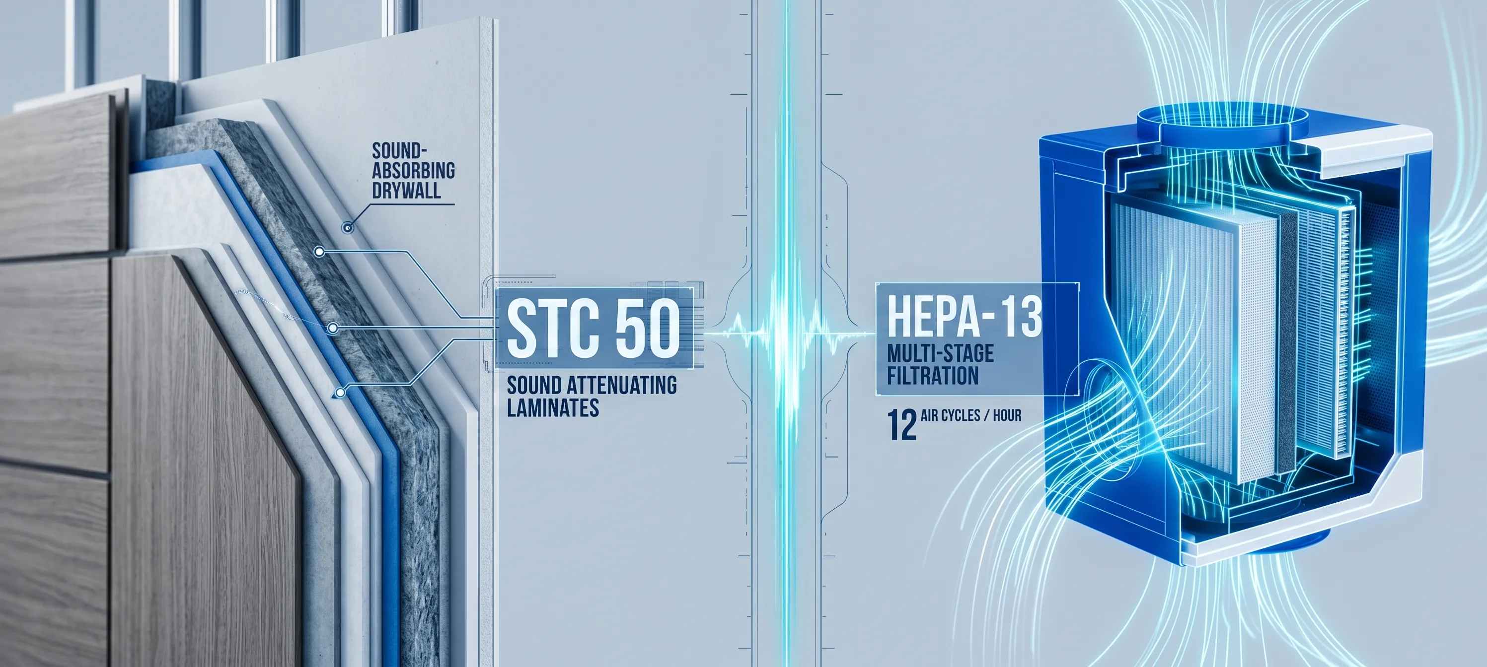 Technical visualization of STC 50 soundproofing and HEPA-13 air filtration