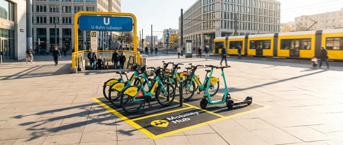 A Berlin Jelbi Station showing the integration of rail and micro-mobility.