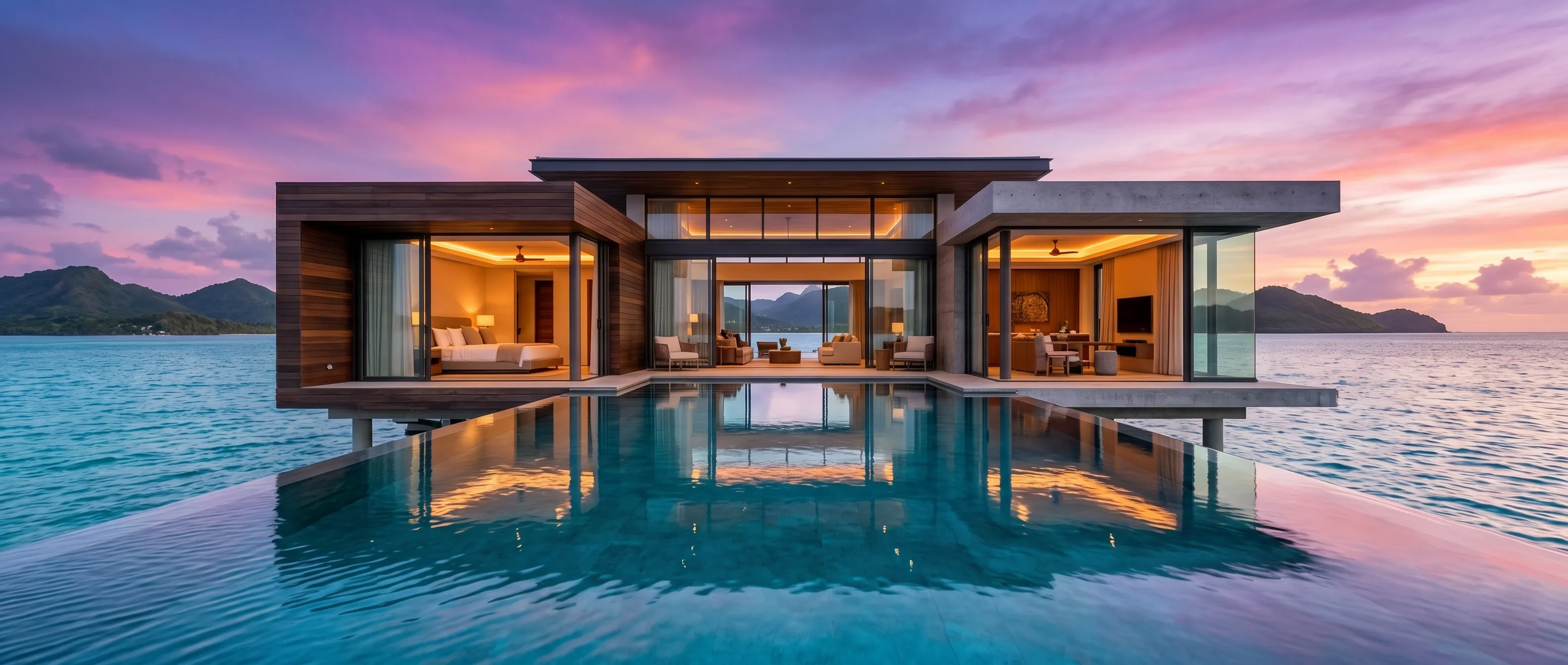 Luxury overwater villa with private pool at a Caribbean all-inclusive resort during sunset.