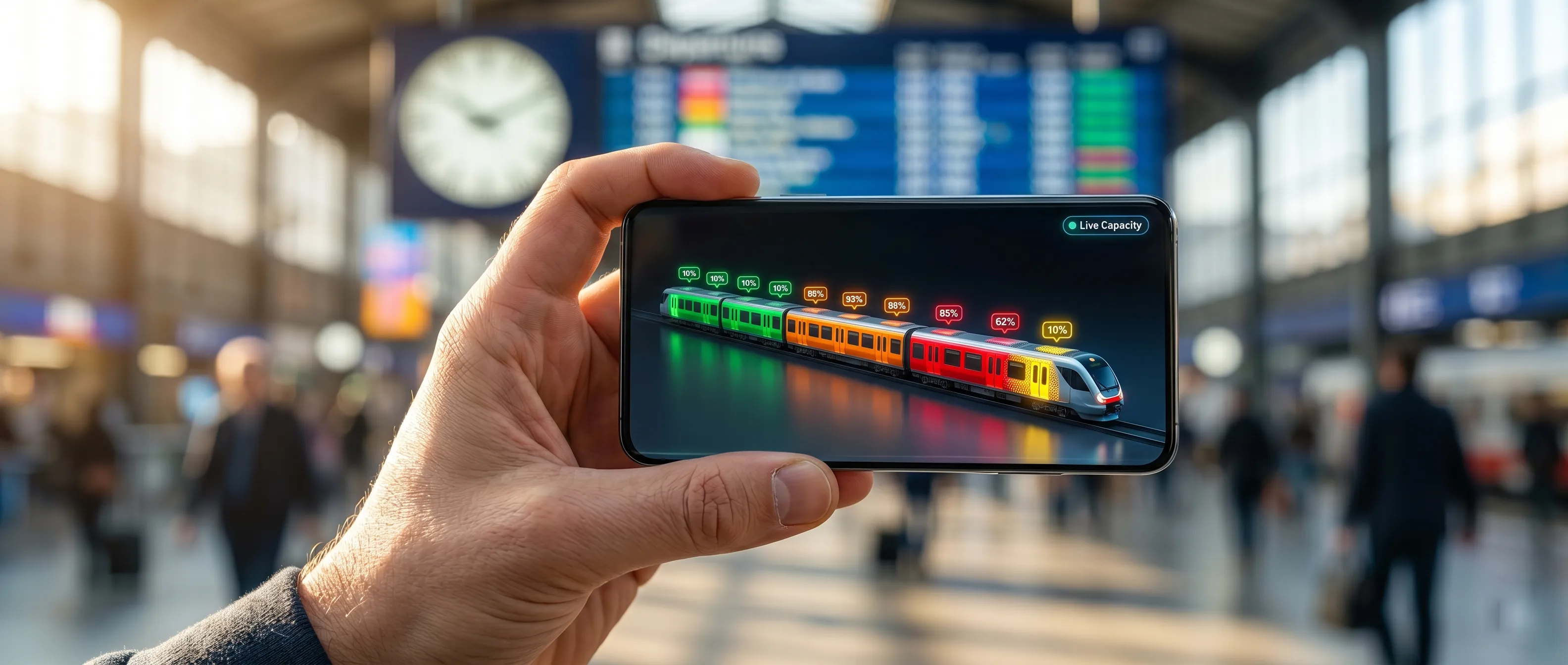 A transit app showing real-time carriage occupancy and CO2 levels for an upcoming metro train.