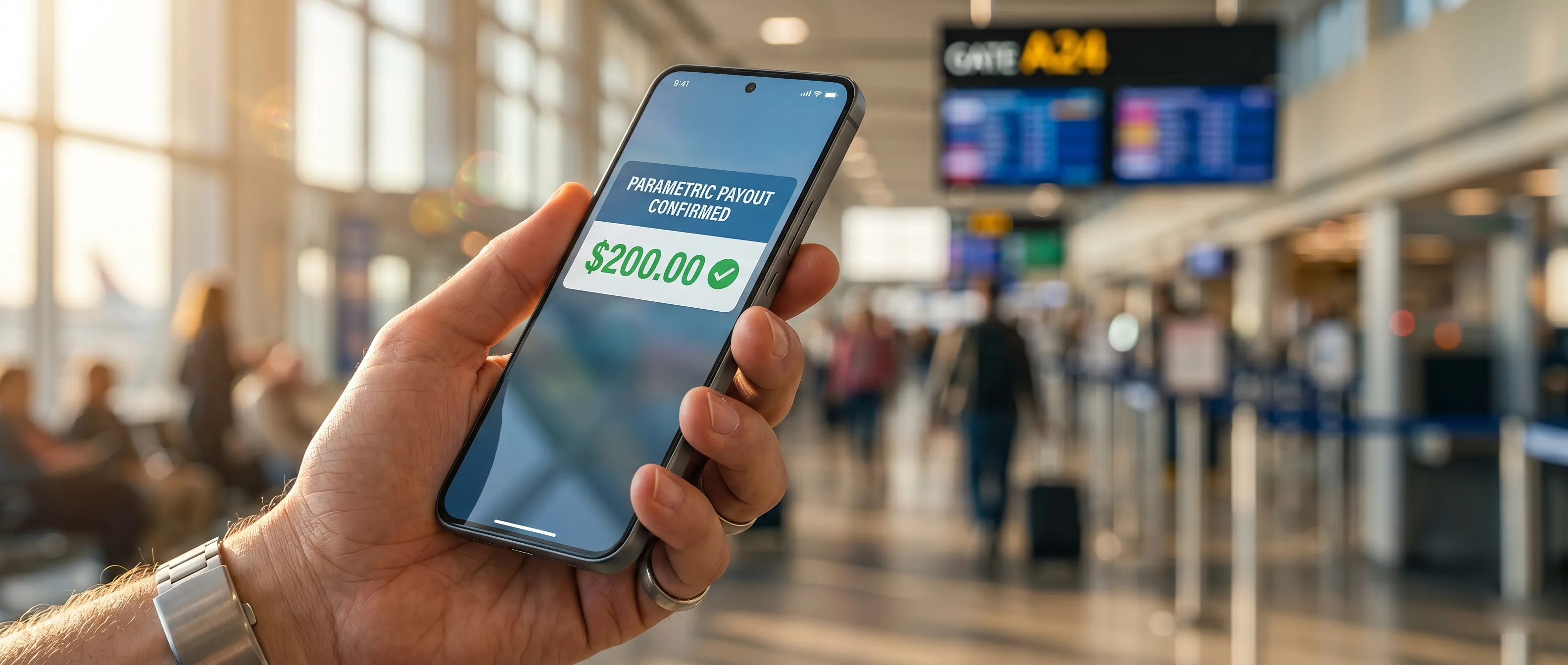 A traveler receiving an automatic $200 parametric insurance payout on their smartphone due to a flight delay.