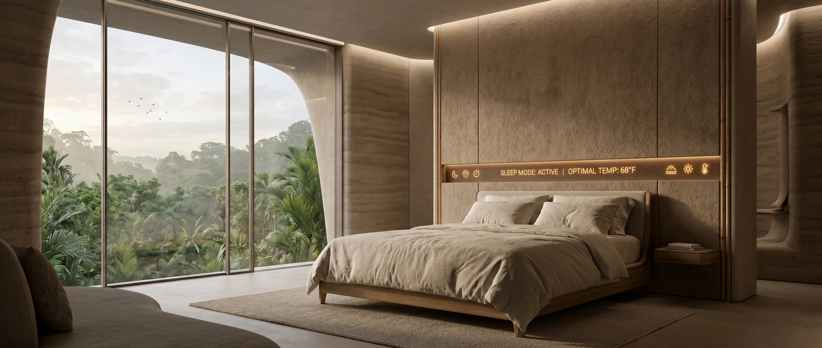 Interior of a high-tech resort suite optimized for sleep and restoration.