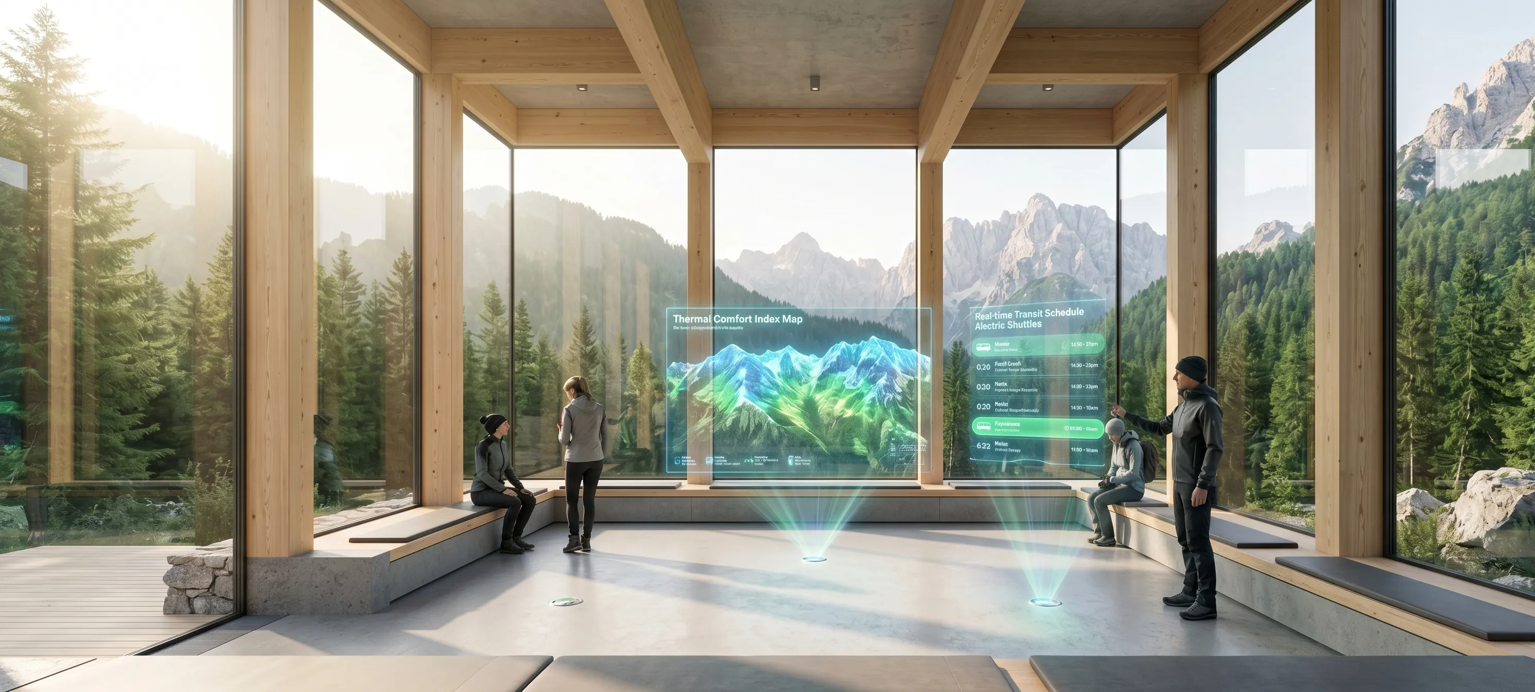 Modern, sustainable tourism infrastructure in Slovenia showing digital climate-tracking displays.
