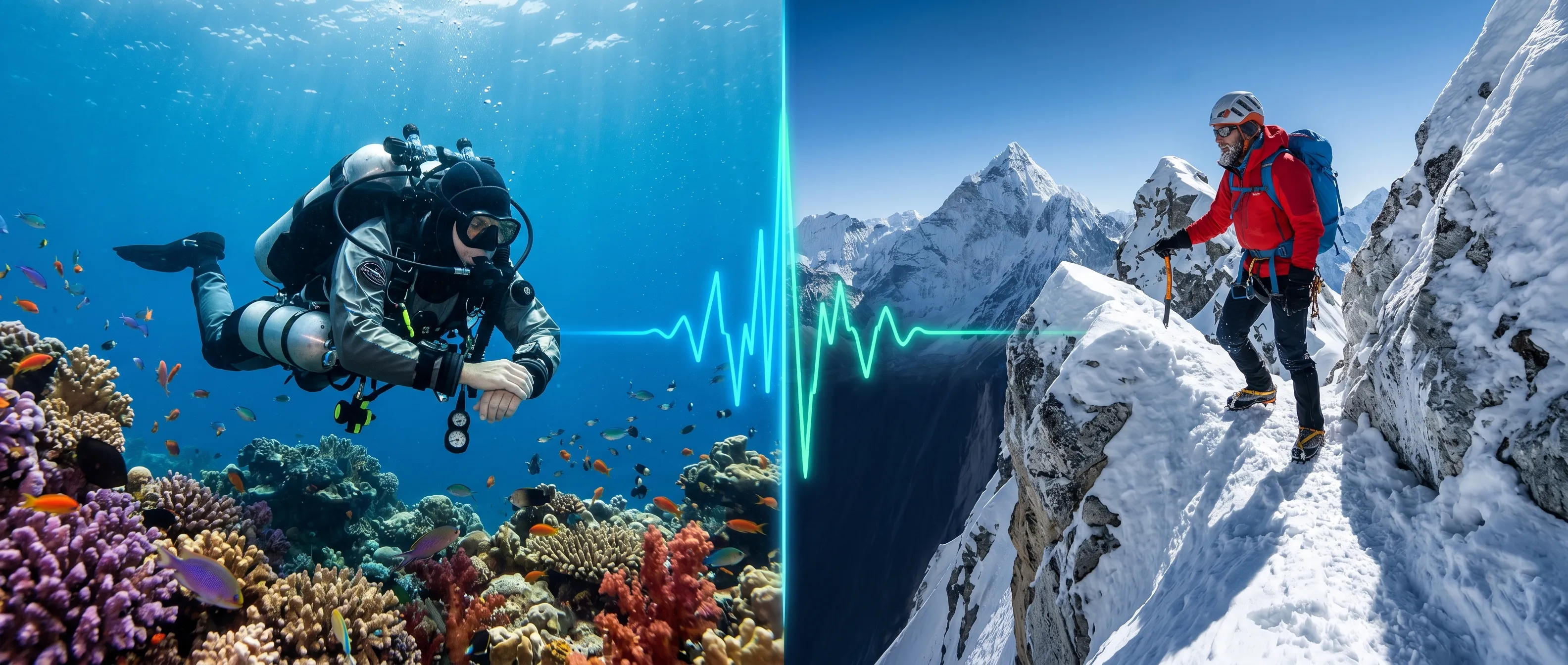 Split view of a scuba diver and a mountain climber illustrating technical activity grades.