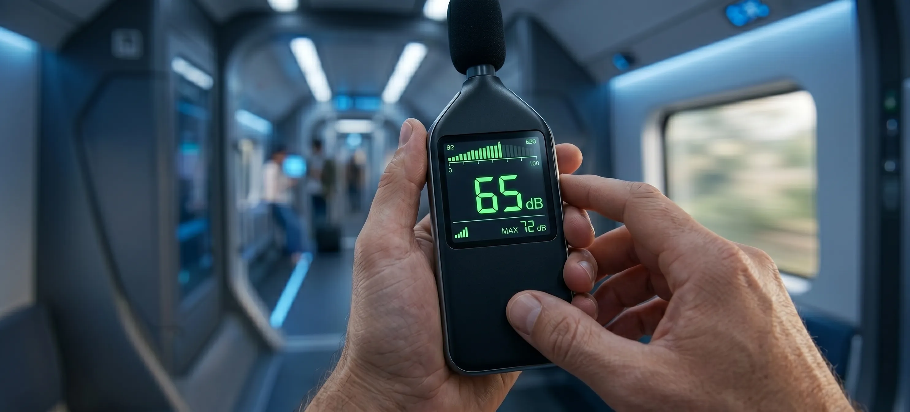 Digital decibel meter showing 65 dB noise floor inside a luxury train carriage