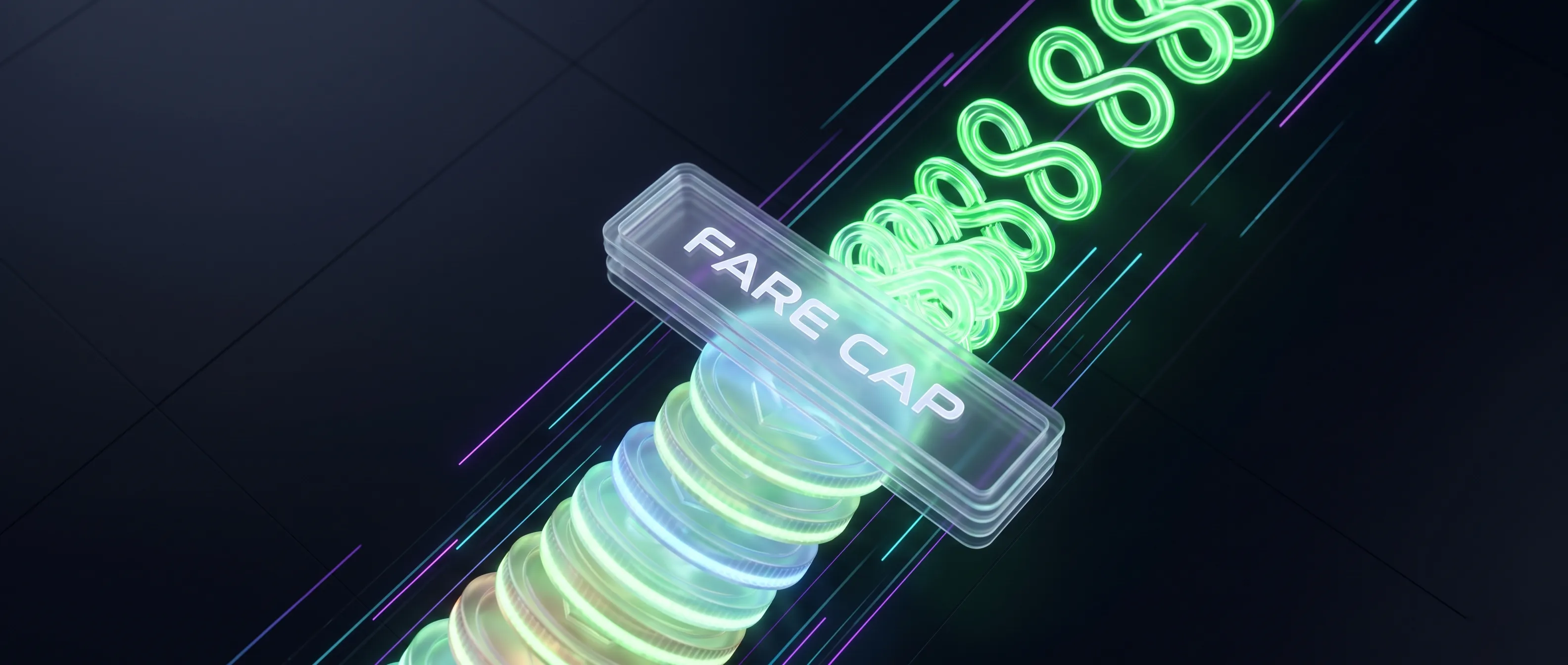 3D visualization of automated fare capping logic in public transport systems.