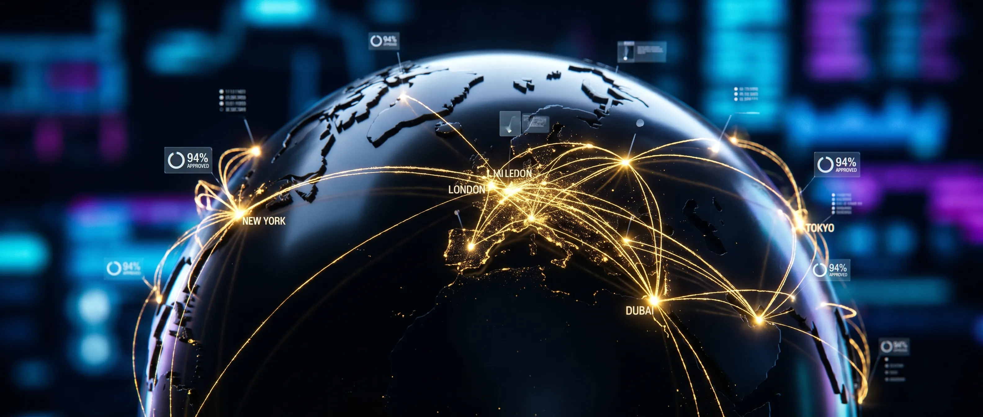 3D data visualization of global travel routes and visa approval statistics.