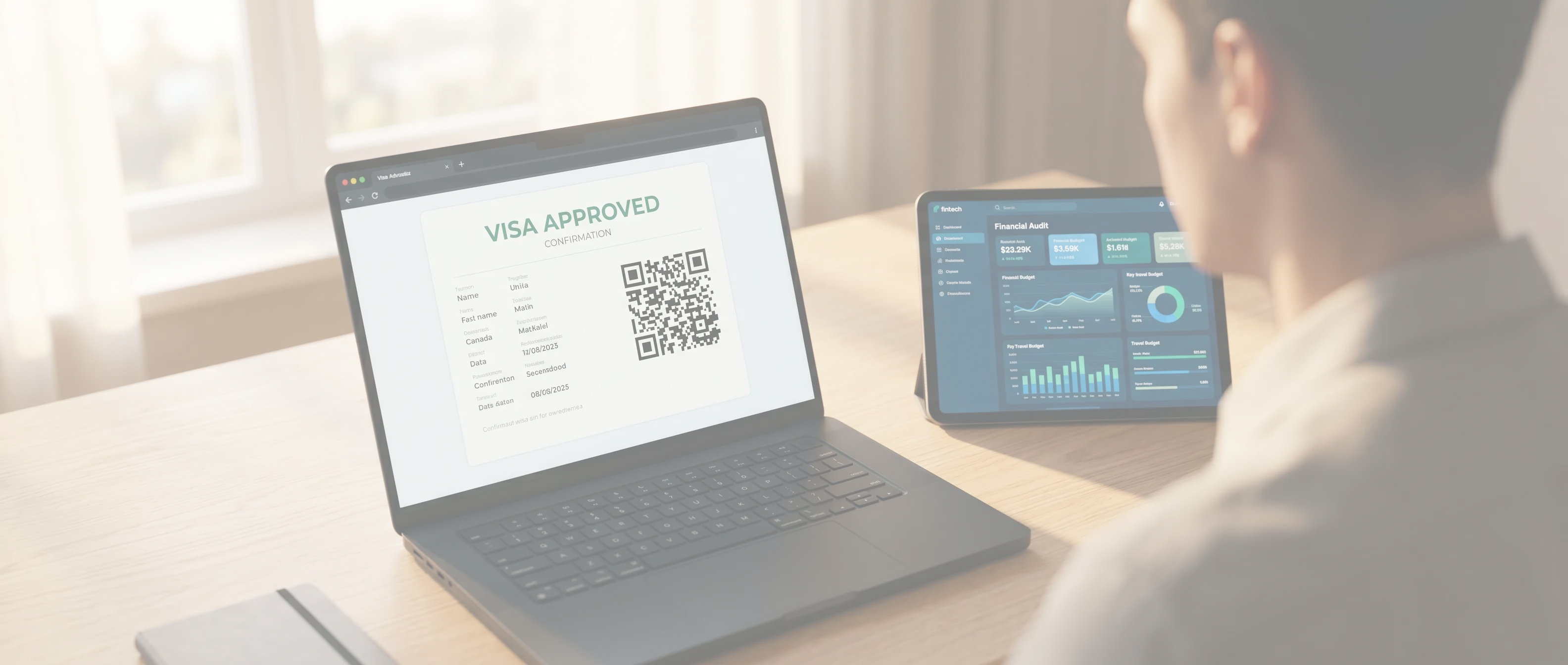 A laptop displaying a digital visa approval confirmation and QR-coded financial documents on a tablet.