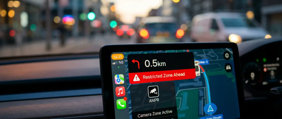 A vehicle's digital dashboard showing an automated ZTL restricted zone alert.