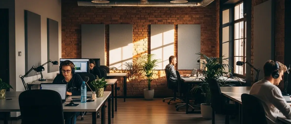 Quiet co-working space in a hostel with remote workers on laptops