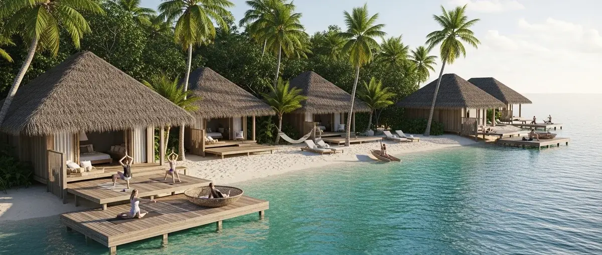 Aerial view of an eco-friendly beach resort, showing sustainable design and tranquil activities.