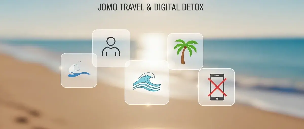 Infographic explaining JOMO Travel and digital detox benefits.