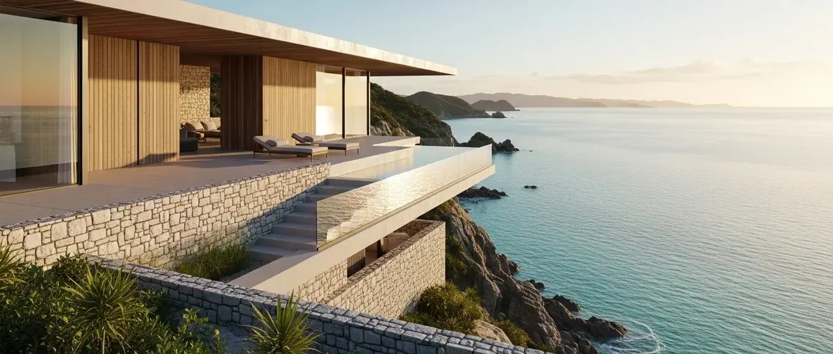 Stunning luxury resort integrated into a remote natural landscape, symbolizing future luxury travel.