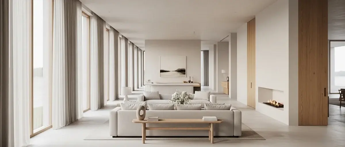 Serene, minimalist luxury villa interior designed for privacy and cognitive wellness.