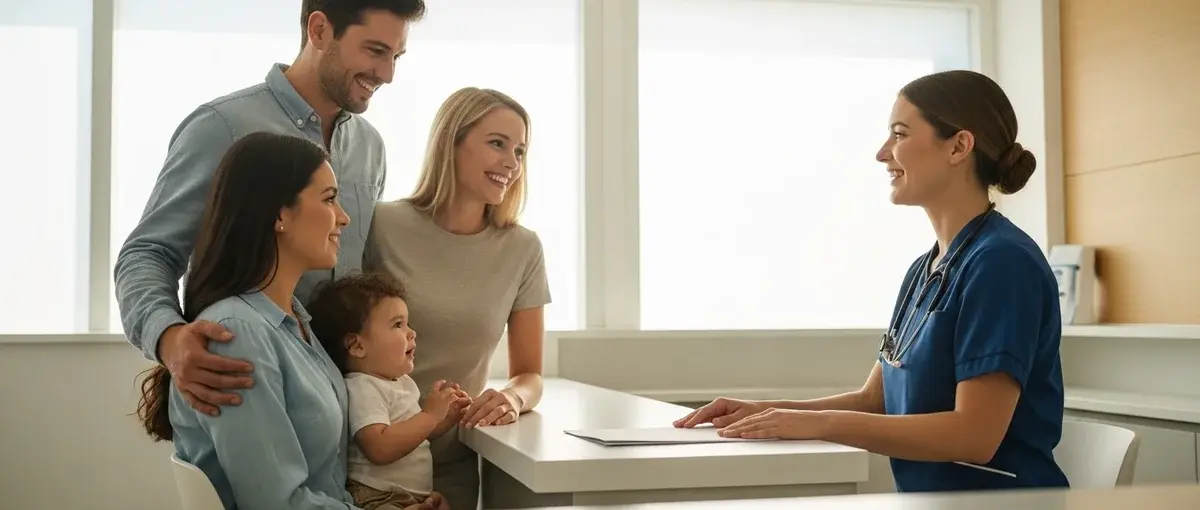 A family interacting with staff at a modern, clean international medical facility, ensuring peace of mind.