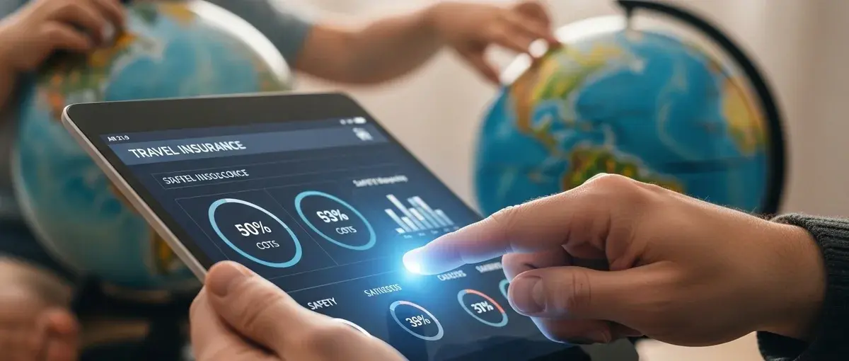 A parent reviewing travel insurance data on a tablet, with a child and globe in the background, symbolizing informed family travel planning.