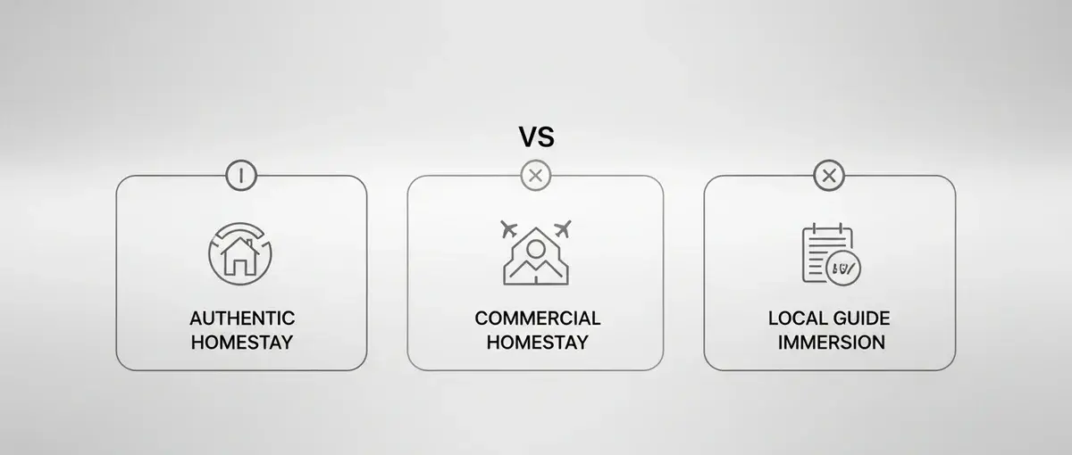 Infographic comparing authentic homestays, commercial homestays, and local guide immersion.